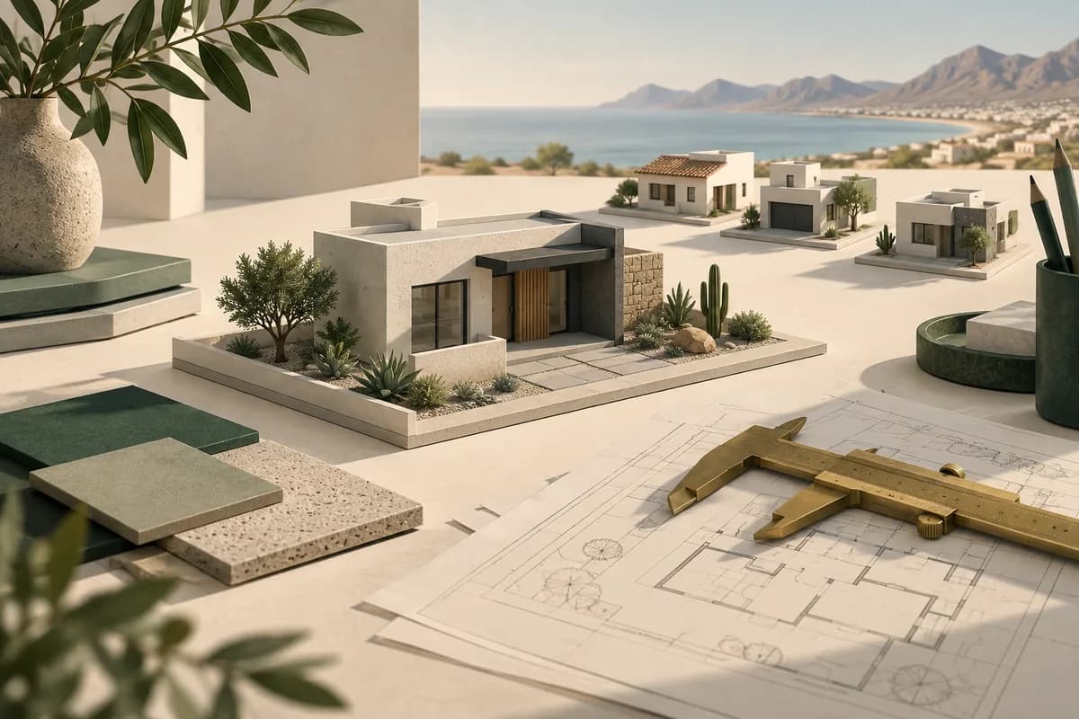 Ilustración de maquetas de casas, planos y un calibrador para comparar características.
