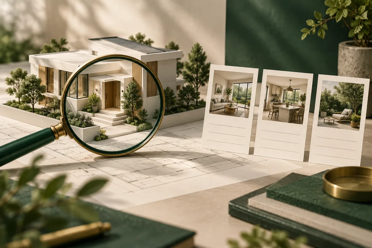 Ilustración de una lupa sobre una casa en miniatura y sus tarjetas de presentación.
