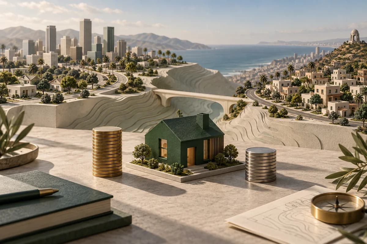 Ilustración de dos ciudades en miniatura conectadas, una vivienda y fichas monetarias.