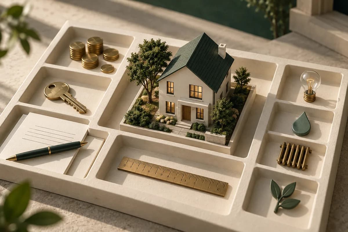 Ilustración de una vivienda y compartimentos para ordenar conceptos de la compraventa.
