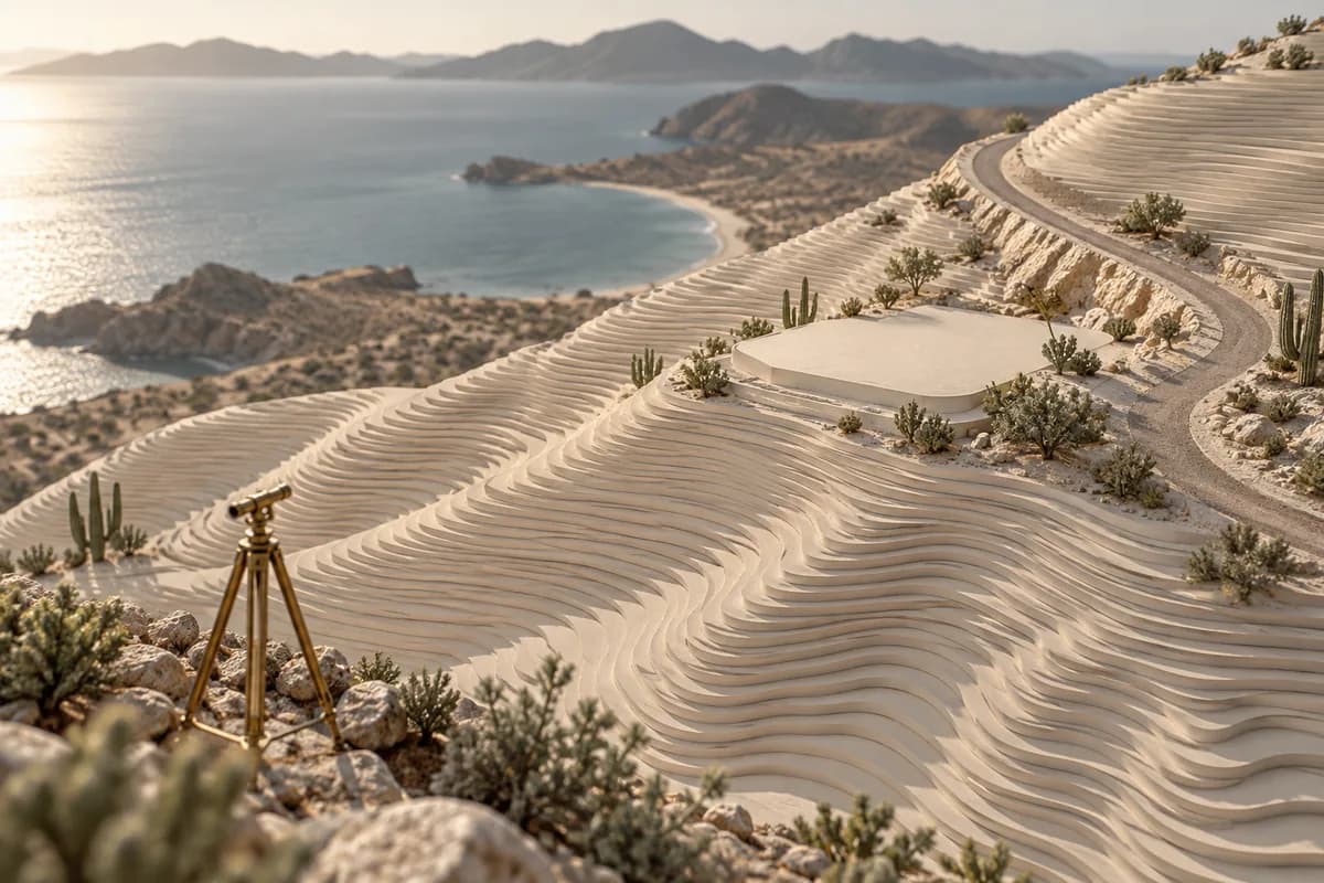 Ilustración de una maqueta topográfica con pendiente, camino de acceso y una plataforma.