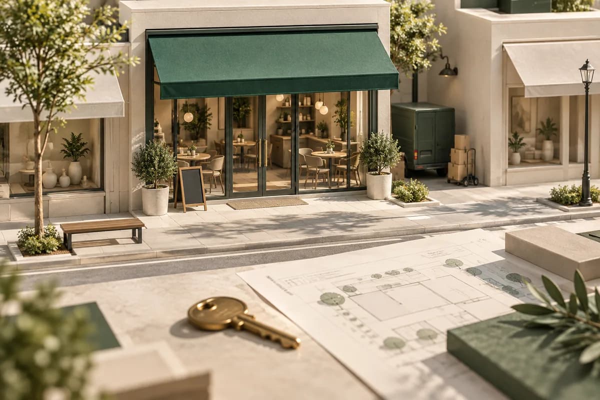 Ilustración de un local comercial en miniatura, su acceso peatonal y su área de entrega.